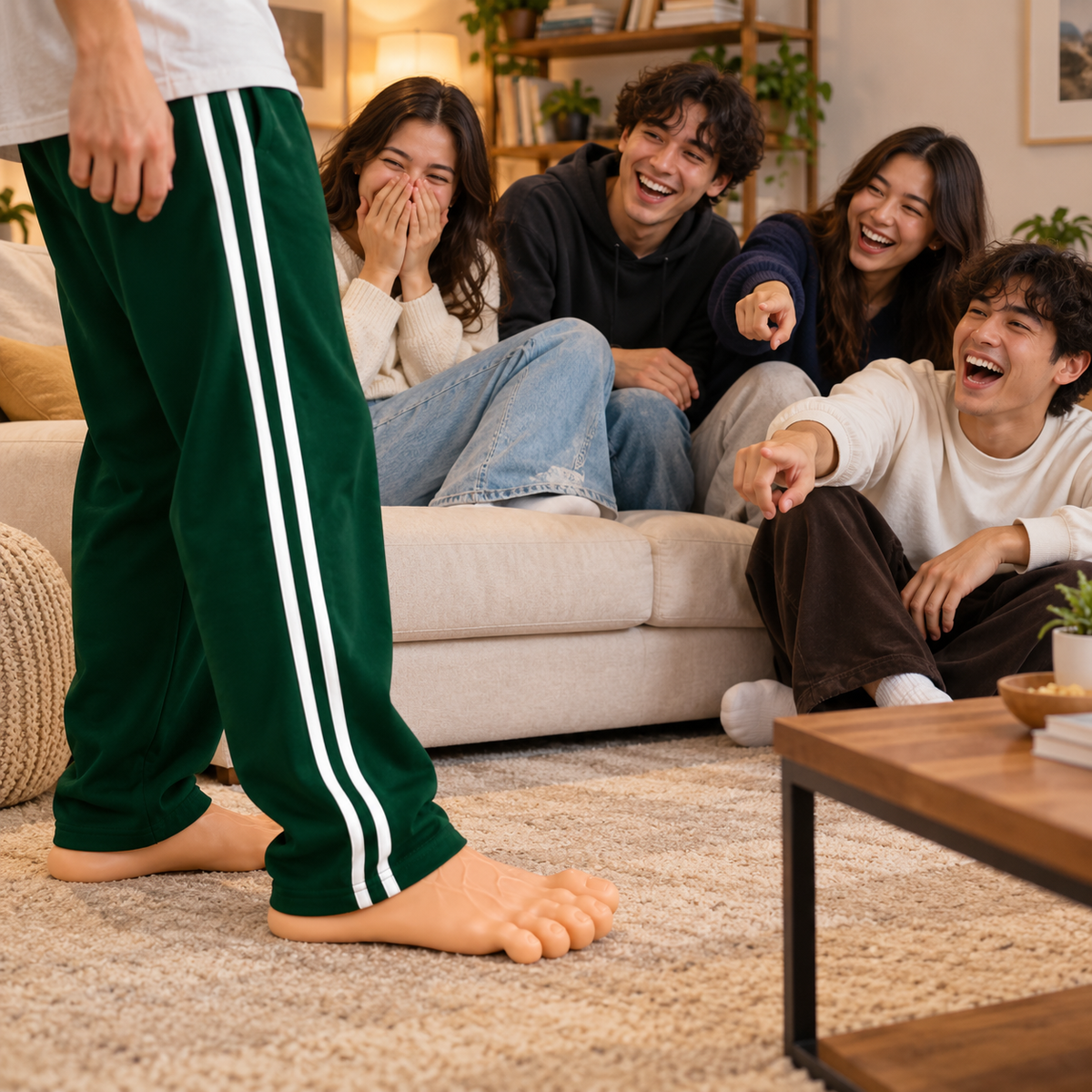 Friends laughing at FreakFeet giant foot slippers